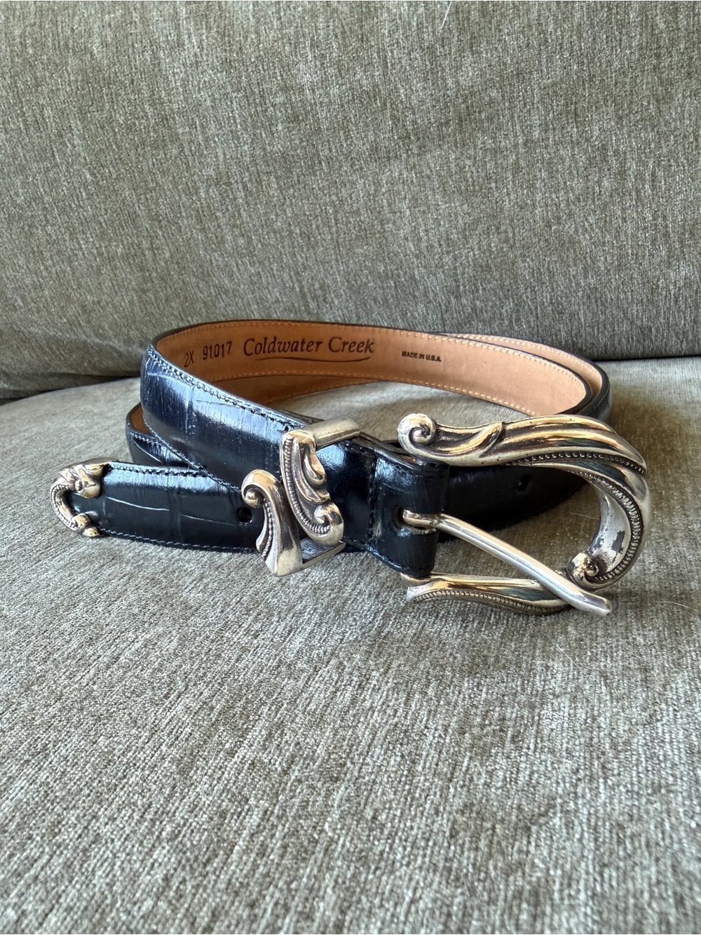 Coldwater Creek Women's Embossed Black Leather Belt with Ornate Silver Buckle 2X